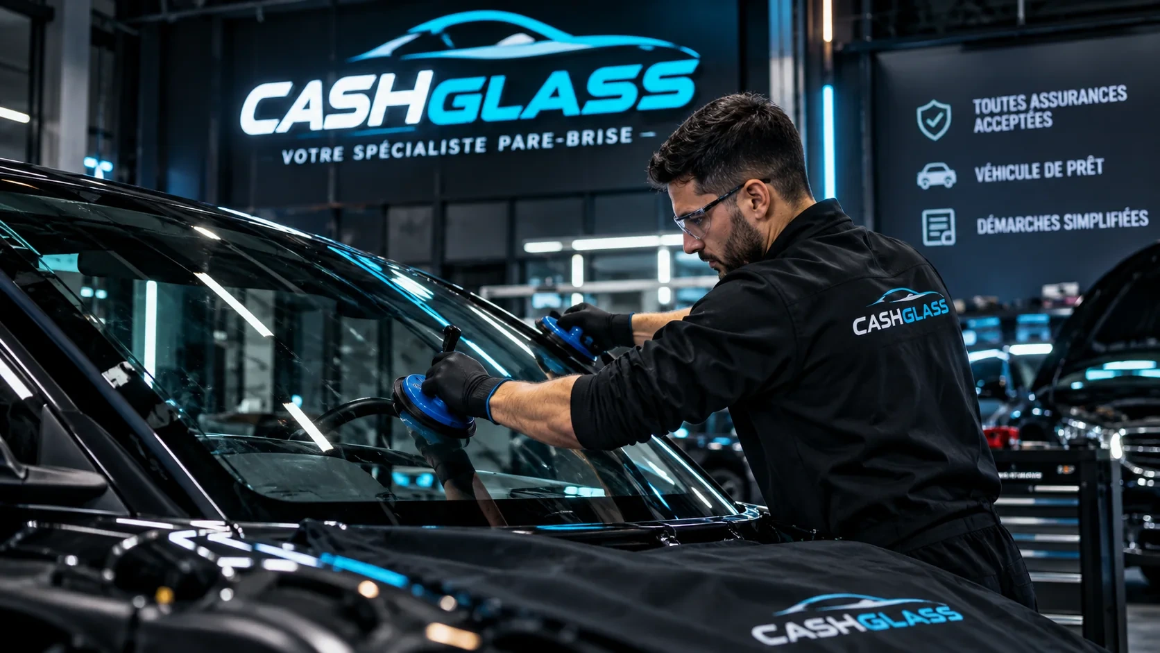 Technicien CashGlass intervenant sur le pare-brise d’un véhicule en atelier